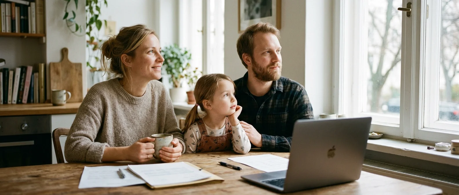 Junge Familie plant zu Hause gemeinsam die Zukunft