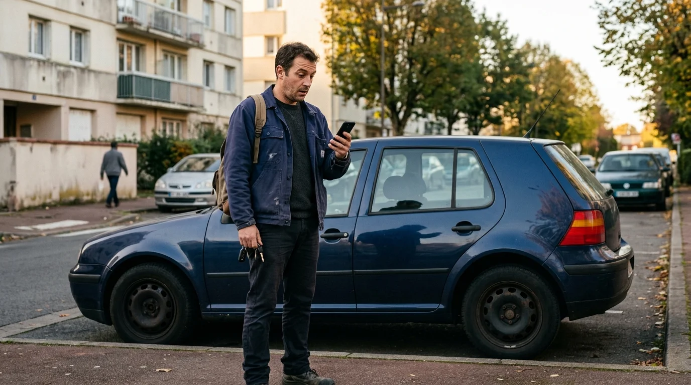 Un travailleur consulte son smartphone près de sa voiture après le travail